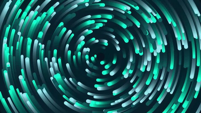 Glowing cyan circular light trails moving in a dynamic orbital motion pattern across dark space