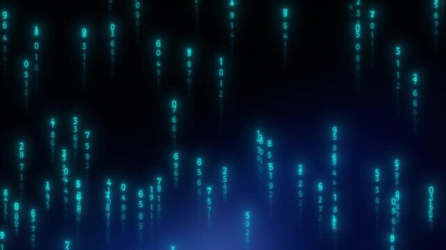 Numbers fall in a vertical pattern against a dark blue gradient background representing digital rain.