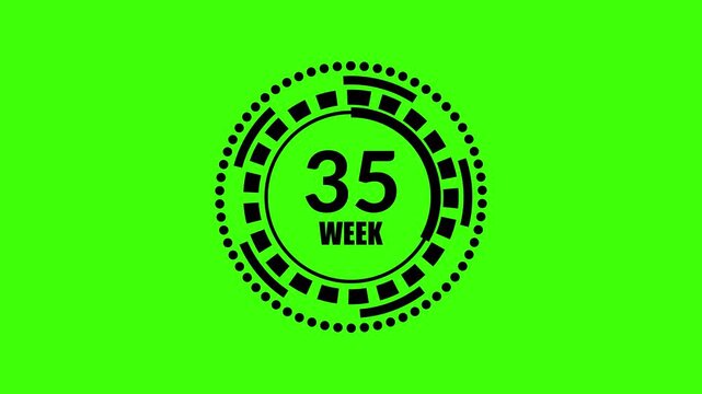 Black circular 52 weeks countdown with segmented rings appears on green for annual planning schedule tracking calendar progress and yearly deadline messages.