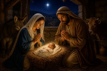 Fototapeta premium A mother and father kneel in front of their newborn baby in a manger. They are in a stable with animals nearby. A bright star shines in the night sky above them.