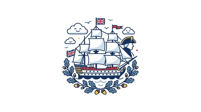 Illustrated Historical Sailing Ship with Flags and Nautical Theme