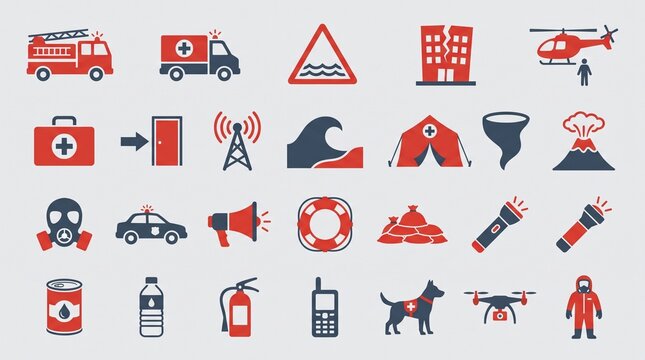Collection of 30 Flat Vector Icons Representing Emergency Preparedness Safety Services and Disaster Management Symbols