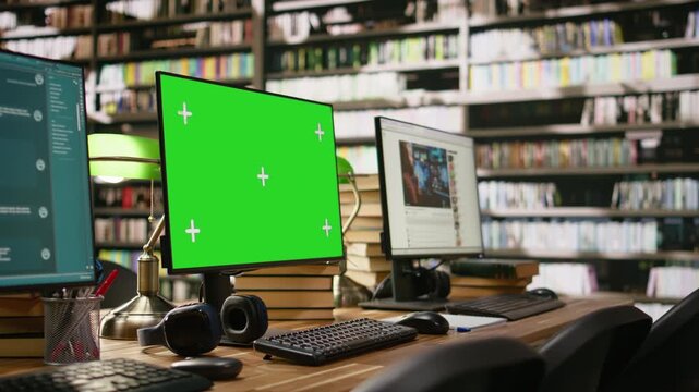 Green screen desktop with multiple monitors showing interfaces in library, IT class computer lab with mockup, for chroma key compositing and screen replacement.