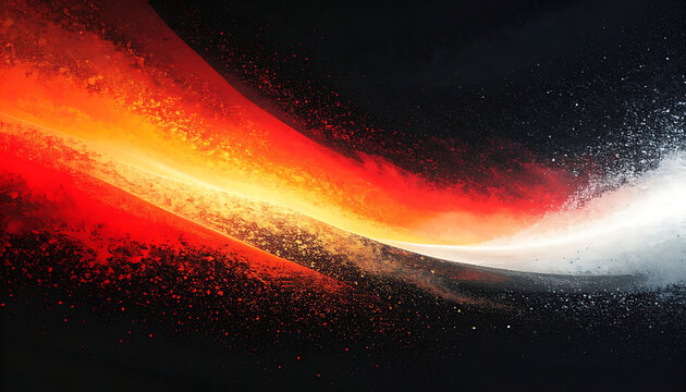 abstract flowing energy streams, vibrant red orange and white light particles against a dark textured background, dynamic movement and contrast