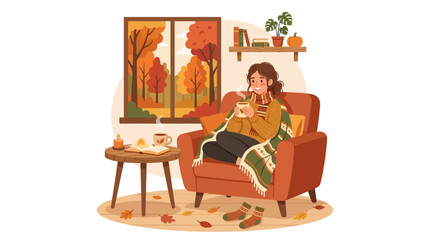 Warm and cozy fall scene with a woman in a sweater, books, candles, tea, and soft blanket by the window. Suitable for autumnthemed designs and lifestyle concepts.