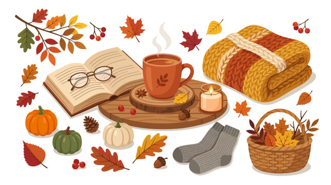 Warm autumn vibes with leaves, books, hot drink, pumpkin, candle, cozy sweater, socks, and basket. Ideal for fallthemed design projects.