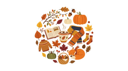 Fototapeta premium Cozy autumn seasonal elements, suitable for fallthemed designs pumpkins, books, hot cocoa, leaves, scarf, fox, sweater, socks.