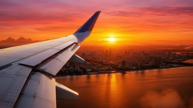 Aerial view from airplane window over Miami city skyline at golden sunset