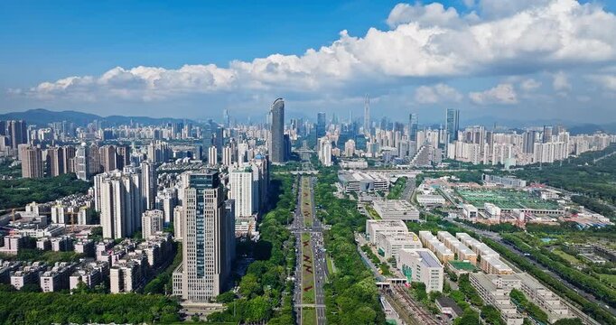 Aerial view of modern city skyline with skyscrapers in Shenzhen, China