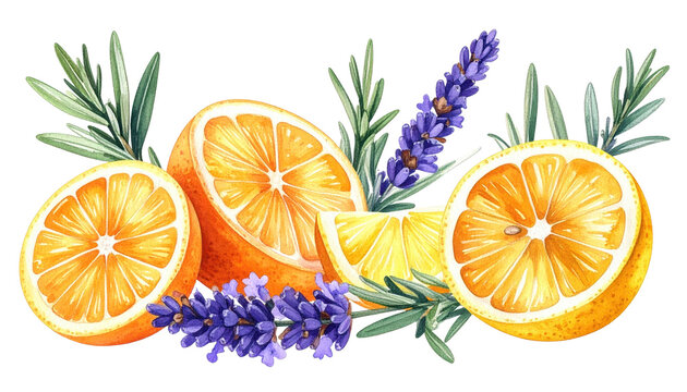 Natural soap ingredients featuring fresh orange slices and lavender sprig watercolor illustration design