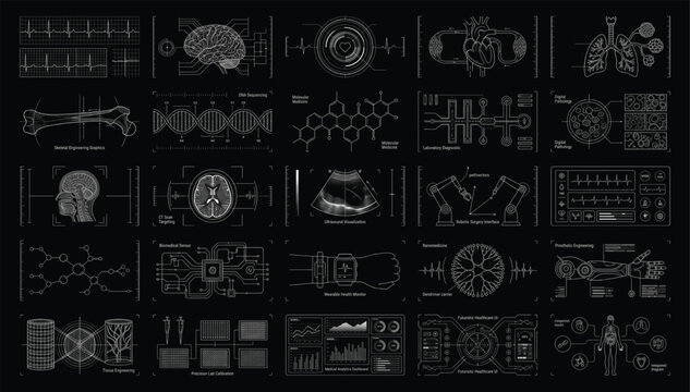 Set of medical analytics interface components showing body systems and scientific data with analytics interface components diagrams graphics laboratory technology healthcare diagnostic