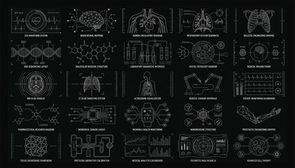Set of medical analysis technology interface icons for data visualization with analysis technology interface visualization hologram research scanning molecule diagnostic information © Muhammad
