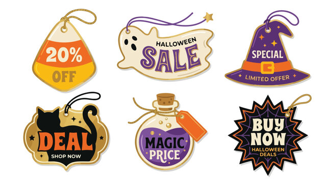 Halloween Sale Tags and Promo Labels Set, Vector Price Badges with Ghost Potion and Witch Hat for Retail Marketing
