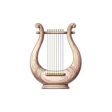 Classical ancient Greek lyre musical instrument with wood grain, seven vertical strings, gold tuning pegs, isolated on white background, historical stringed harp illustration.