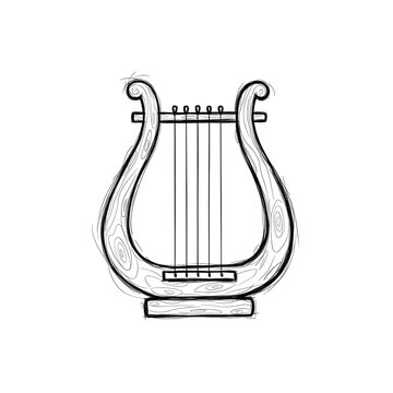 Detailed hand-drawn pencil sketch of a classical ancient Greek lyre musical instrument featuring five strings and wood grain texture, isolated on a clean white background.
