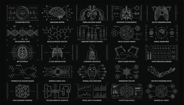 Set of medical analysis technology interface icons for data visualization with analysis technology interface visualization hologram research scanning molecule diagnostic information