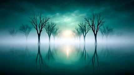 Obraz premium Dead Trees in Dark Foggy Swamp Under Green Moonlight