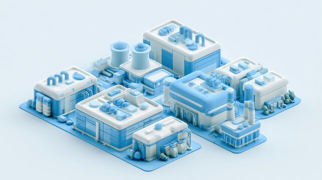 A data center campus with multiple server buildings and cooling towers set against a light background creating a clean look.