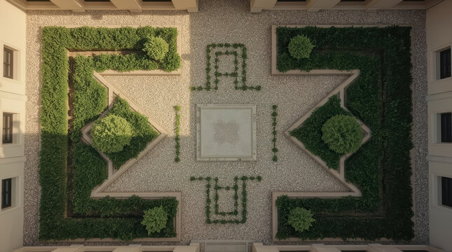 Formal geometric courtyard garden with symmetrical hedges and gravel paths conveying calm