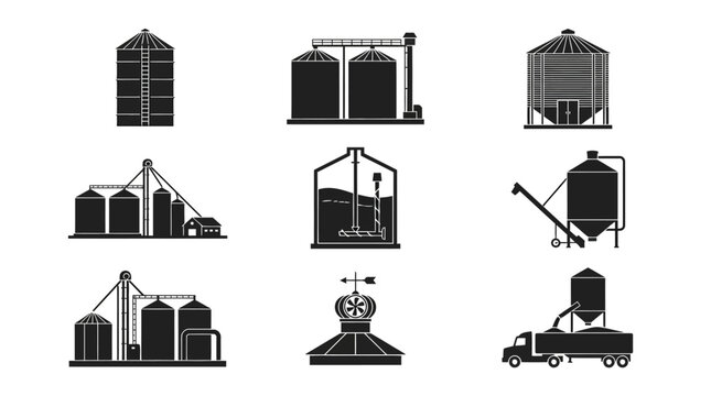 Industrial silos and grain storage facilities.