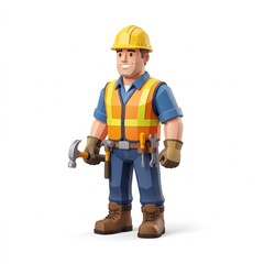 Fototapeta premium 3D illustration of a male construction worker character wearing safety gear and holding a hammer