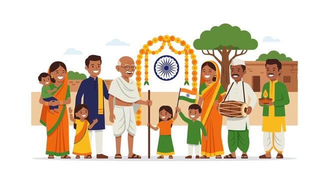 Indian Family Celebrating Independence Day with Traditional Attire and Flags