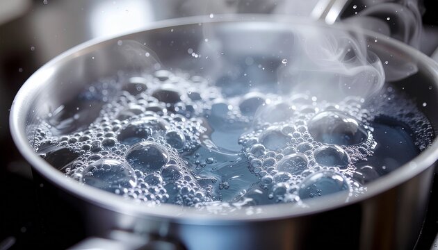 Boiling Water Bubbles in a Metal Pot Demonstrating Evaporation and Changes of Matter in a Professional Kitchen Setting
