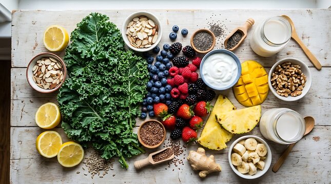 Vibrant assortment of superfoods and fresh ingredients for smoothies
