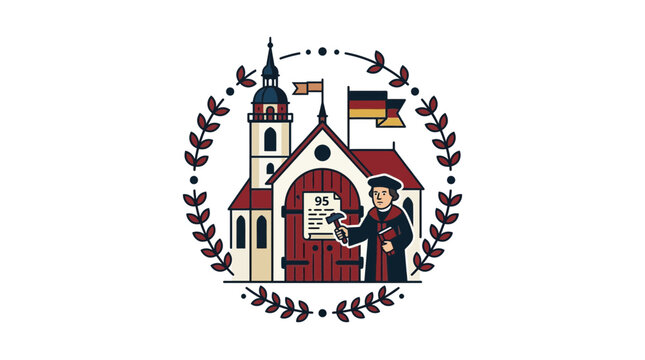 Martin Luther with 95 Theses in front of historic church and German flag