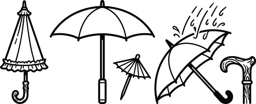 Umbrella Line Art Vector Set Featuring Vintage Parasol Open Rainy Weather Shield and Walking Stick Handle Design Elements