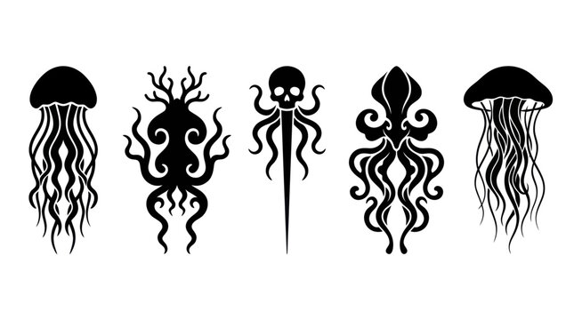 Tribal jellyfish and octopus silhouettes with decorative nautical elements.