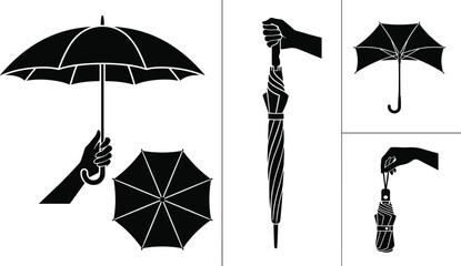 Umbrella Silhouette Vector Set Featuring Open Closed and Folded Parasols Held by Hand for Weather and Rain Designs © MdRobiul