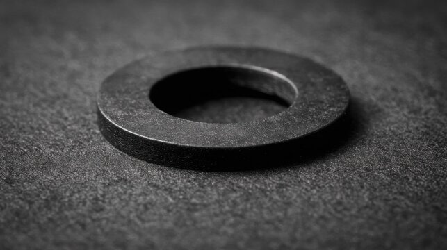 A Single, Perfectly Round Metal Washer with a Central Hole on a Textured Dark Surface