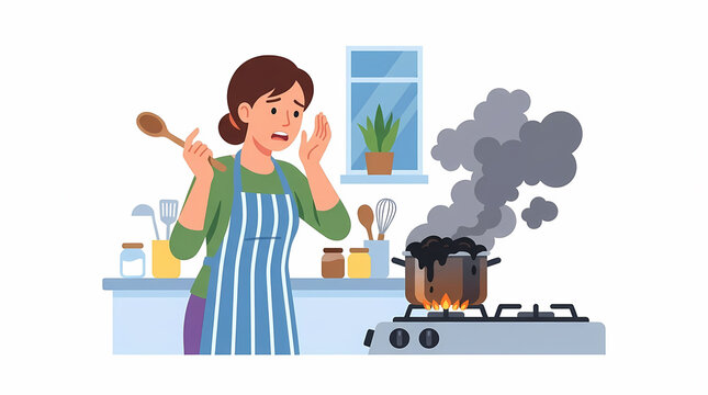 Vector illustration of a panicked woman in a blue striped apron reacting to a pot of food burning on a gas stove with thick black smoke in a modern kitchen setting.