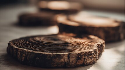 Obraz premium Close-up view of rustic birch wood slices with prominent concentric growth rings and textured bark, showcasing natural organic patterns.