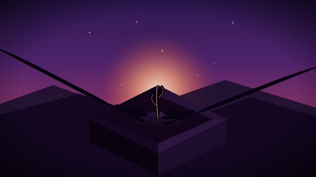 Glowing keyhole on a pedestal in a minimalist mountain landscape
