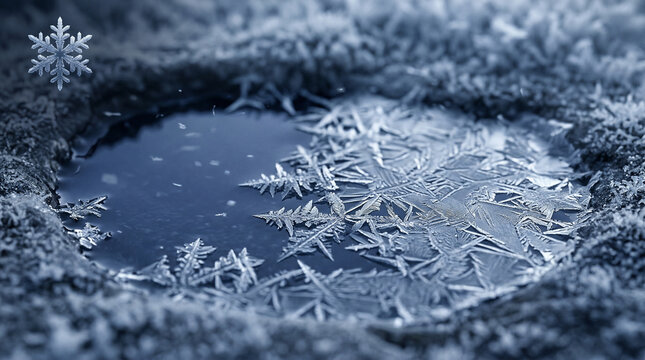 Close up view of water to ice freezing process showing intricate crystal structures and changes of matter in a cold winter environment