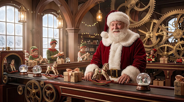 A smiling Santa Claus standing in his grand clockwork toy workshop.