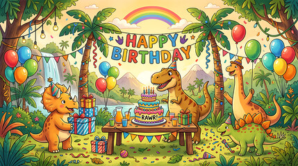 Obraz premium Colorful jungle dinosaur birthday celebration with cheerful animals and festive decorations in a vibrant natural setting
