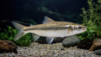 Fototapeta premium Graceful freshwater fish swimming among aquatic plants in a tank