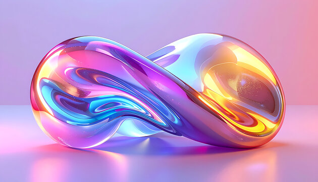 Abstract iridescent metallic infinity symbol shape with vibrant neon light reflections and subtle pixelation on a gradient background