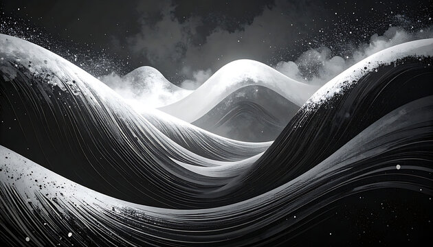 Abstract pixel art landscape with snow-covered mountains and starry night sky, monochrome aesthetic, winter theme