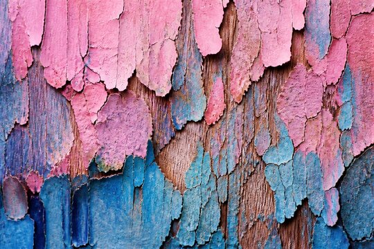 A close-up view shows peeling paint on wood. The surface displays a mix of pink and blue colors with rough textures and patterns. The paint is flaking and revealing the wood underneath.
