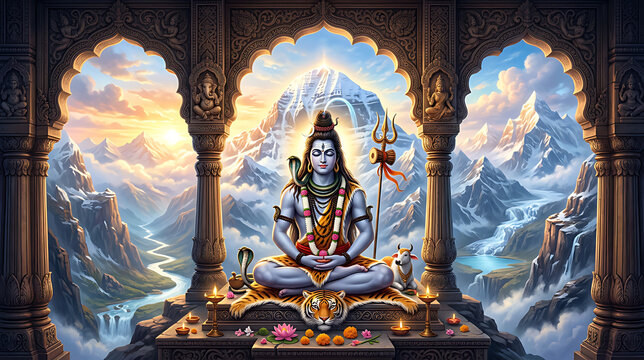 Majestic spiritual scene depicting Lord Shiva meditating amidst divine landscape with mountains and waterfalls