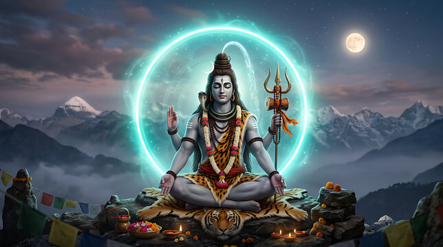 Serene depiction of Lord Shiva meditating amidst Himalayan mountains under lunar glow reflecting spiritual tranquility