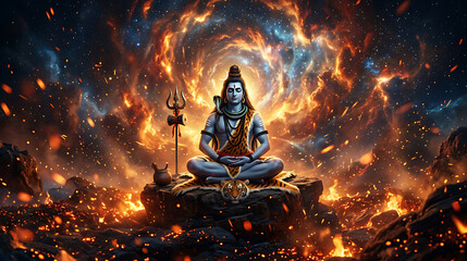 Fototapeta premium Depiction of Lord Shiva in cosmic meditation with fiery galactic background and divine aura illustrating spiritual enlightenment