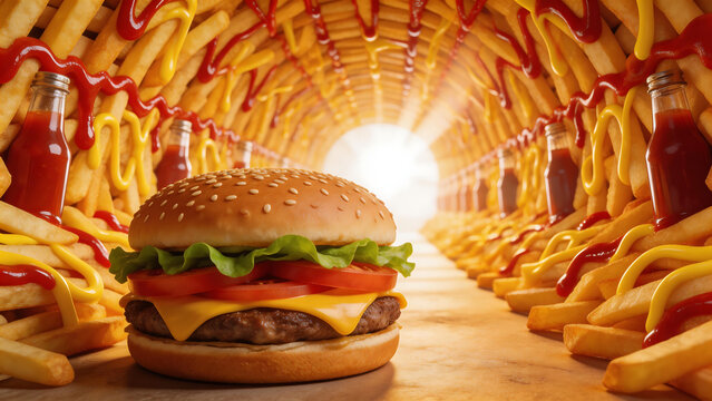 Hamburger in fries and sauce tunnel
