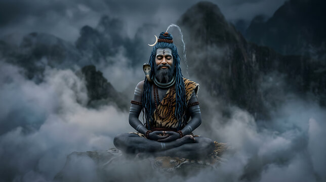 Serene meditative ascetic in traditional attire practicing yoga amidst mystical foggy mountain landscape