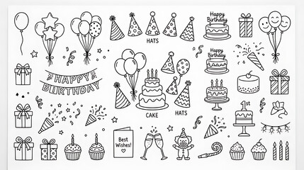 Fototapeta premium Festive Birthday Celebration Illustration Featuring Cakes Hats Balloons and Party Decorations