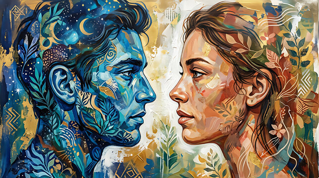 Intricate face-to-face portrait blending celestial and natural elements in vibrant artistic style